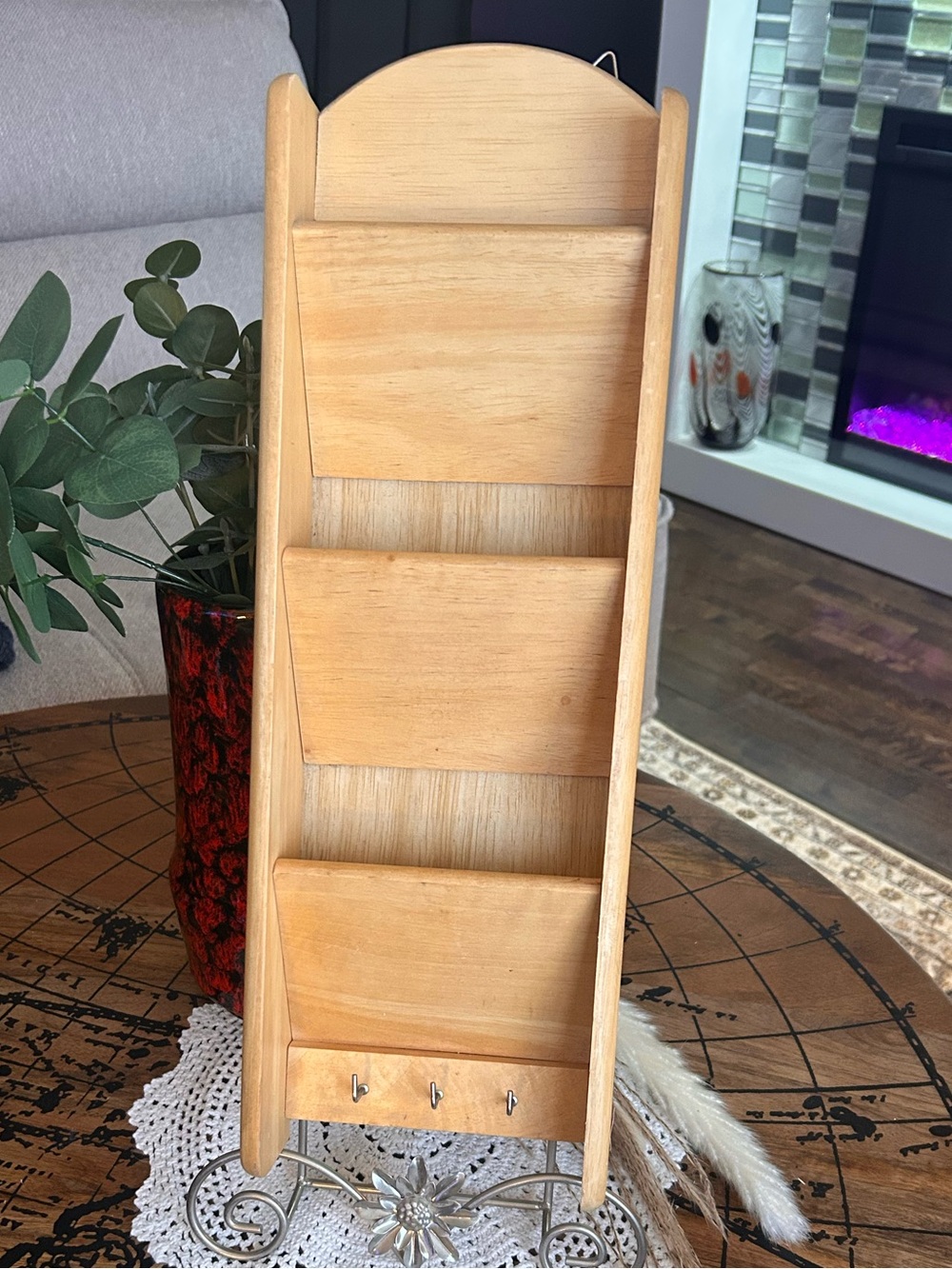 Vintage Wooden Wall Mail Organizer | 3 Pocket Letter Holder with Key Hooks |